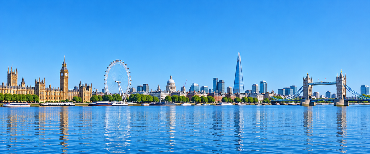 London skyline with the Houses of Parliament, London Eye, The Shard and Tower Bridge across the River Thames