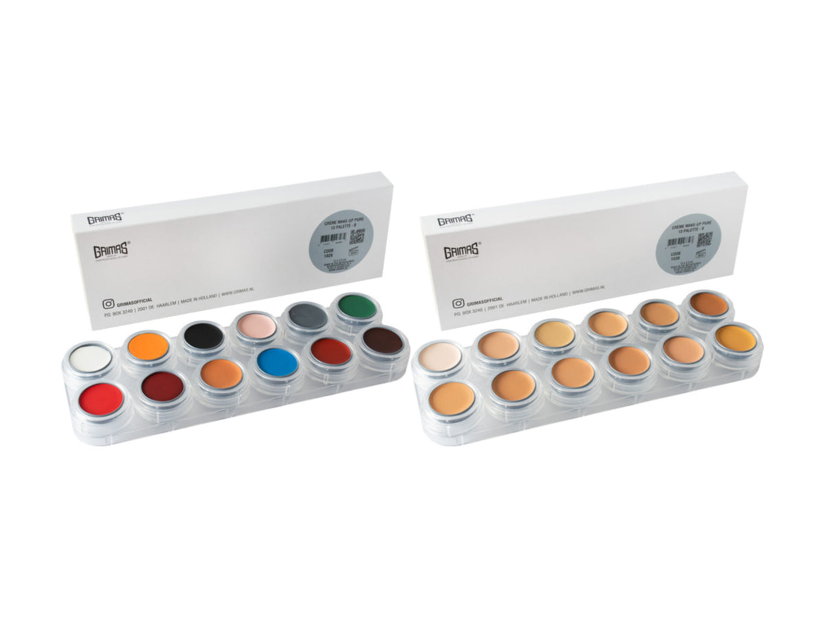 Grimas Crème Make-up Pure Palette B and Palette V, twelve 2.5ml colours each