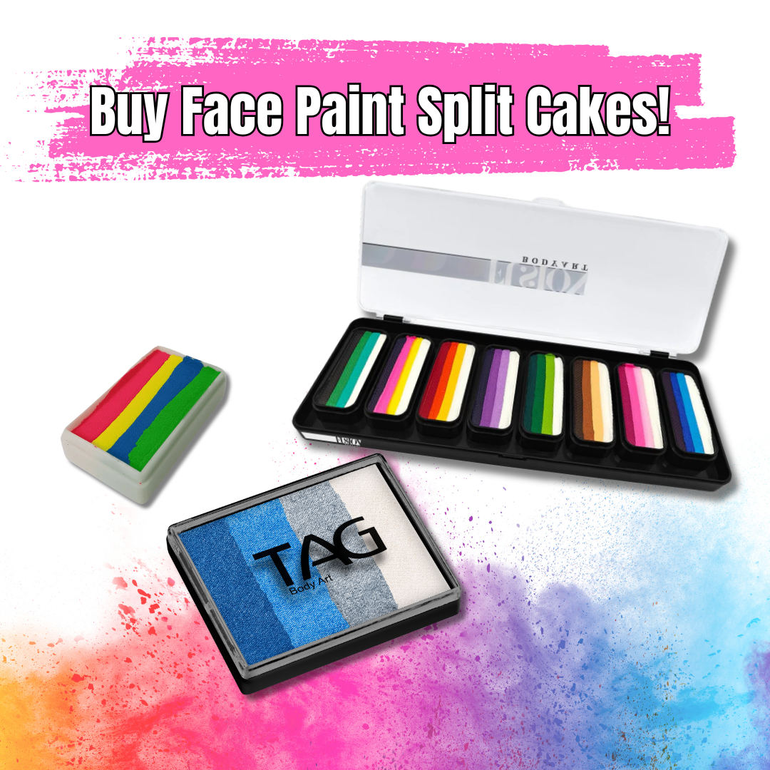 A massive range of face painting split cakes, one strokes, and rainbow cakes available at The Face Paint Shop
