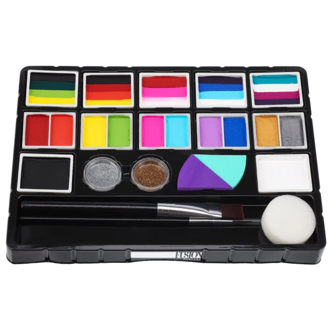 Fusion Body Art have created their own beginner kit to make the introduction to face painting easy and fun. Each kit contains a selection of split cakes, colours, brushes, sponges, and stencils to help get you started. This is also a great gift item, and comes in its own contained box.