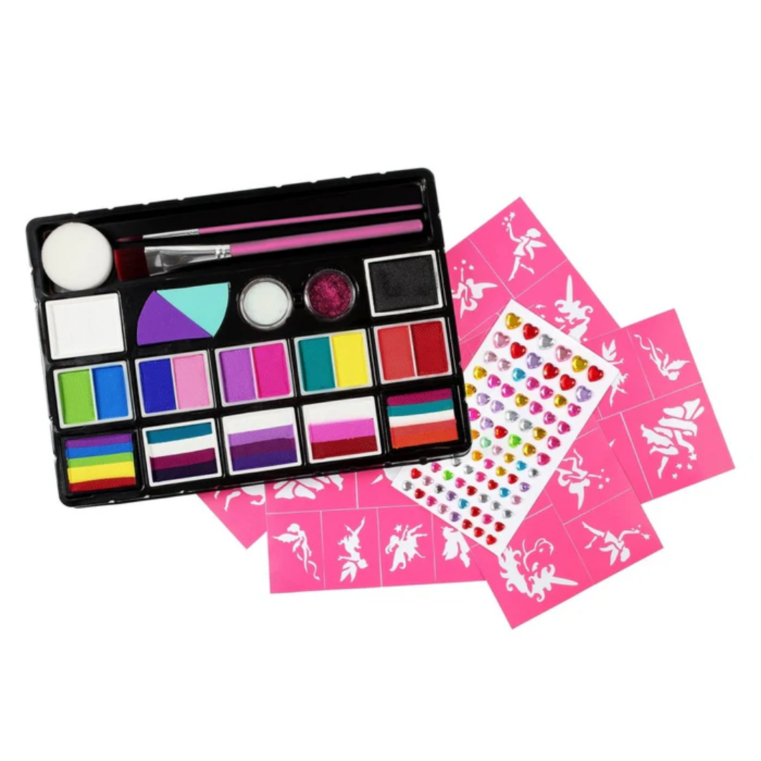 Each kit contains a selection of split cakes, colours, brushes, sponges, and stencils to help get you create easy and effective Unicorn or Fairy designs. This is also a great gift item, and comes in its own contained box.