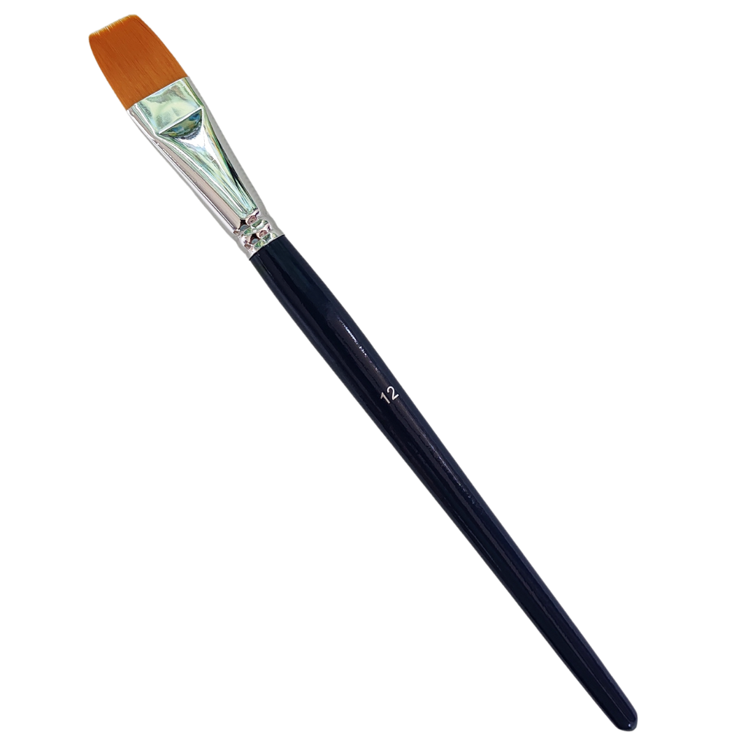 TAG Body Art No. 12 Flat Brush is 1 inch across, ideal for using with 30g split cakes.