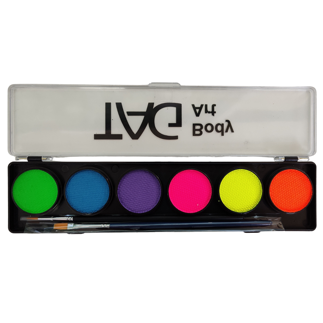 TAG Body Art Neon Face Paint Palette complete with 2 free brushes The colours in this palette will glow under a black light.