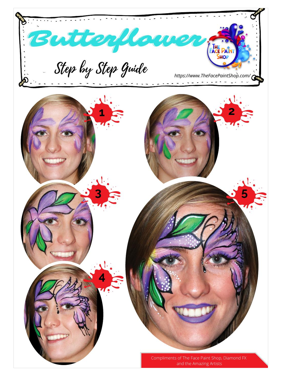 Butterflower free step by step face painting design guide from The Face Paint Shop