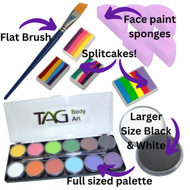This kit contains a full sized face painting palette, amazing face paint split cakes, plus extra Tag Body Art face paint Black and White in larger sizes, specialist face painting sponges, and the exact face paint brushes you'll need!