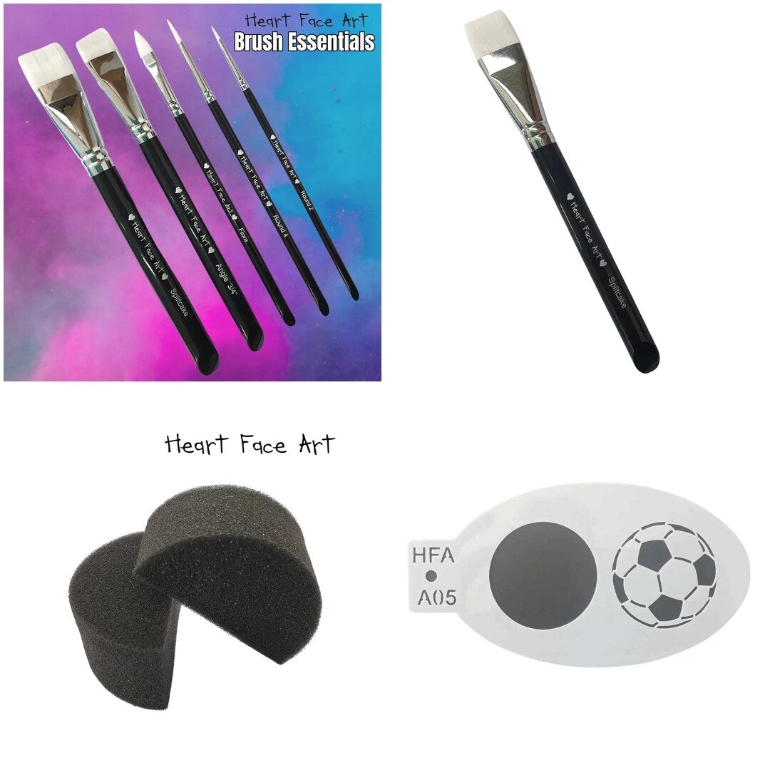 Heart Face Art Brush Essentials set, one inch flat split cake brush, half moon sponge and soccer ball stencil