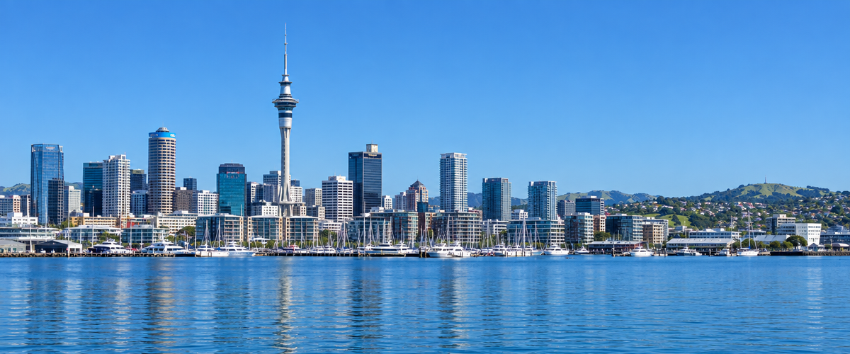 Auckland skyline and the Sky Tower across Waitematā Harbour