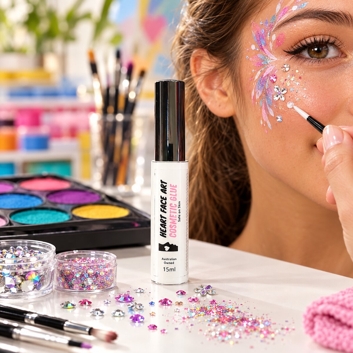 Heart Face Art Cosmetic Glue 15ml being used to apply gems and glitter at a face painting station