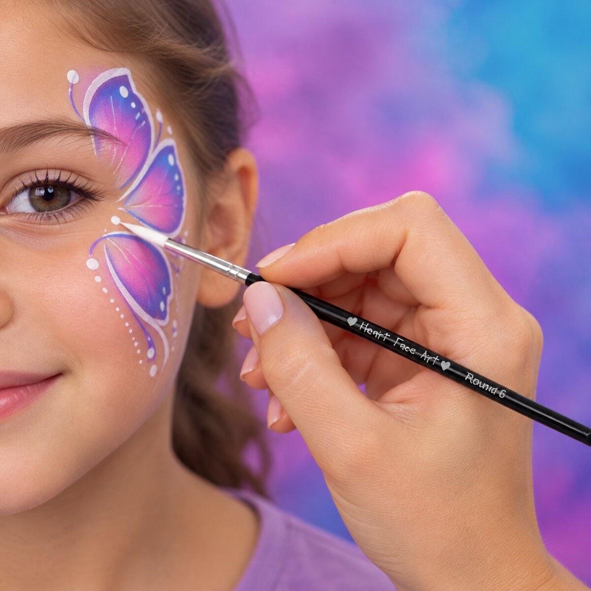 Heart Face Art Round No.6 brush painting fine details and outlines on a face painting design
