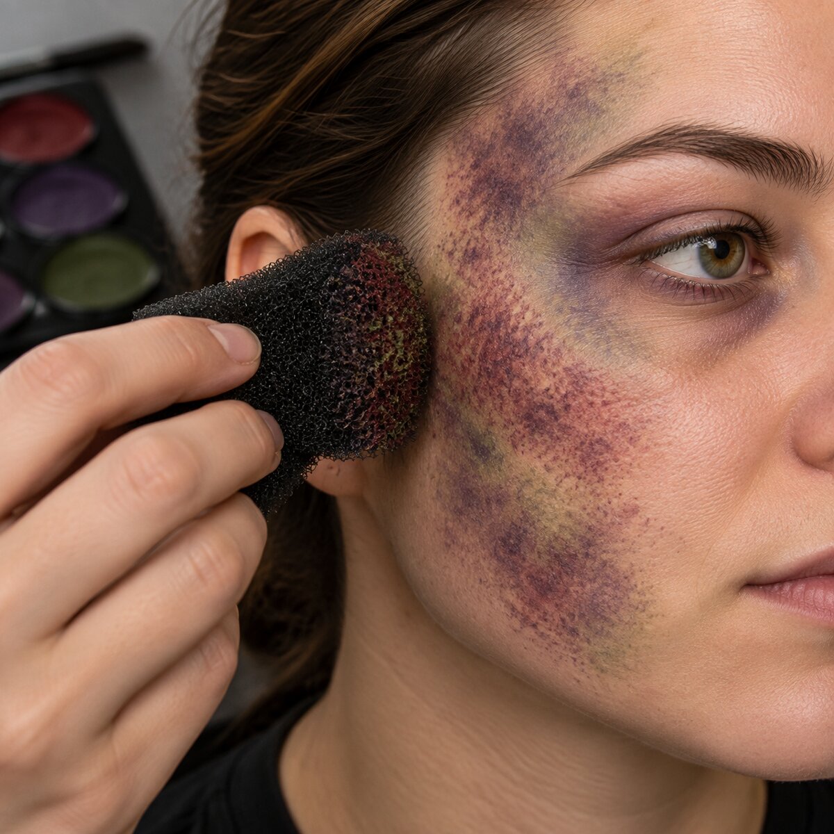 Stipple sponge being used to create a zombie bruise special effects look on skin