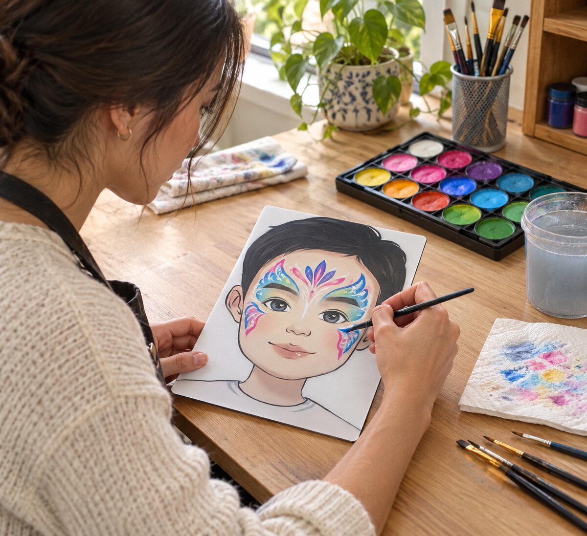 Reusable face paint practice board with a boy design being painted on at a desk with supplies